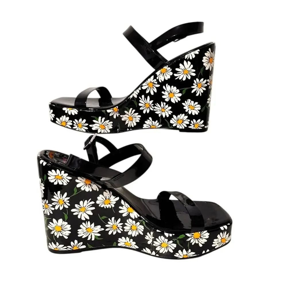 Betsey Johnson Landry Daisy Platform Wedge Sandals Black Floral Women Size 9